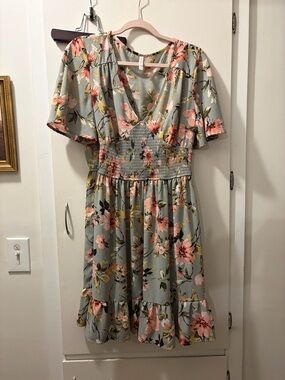 Xhilaration Sage Floral V-Neck Smocked Midi Dress